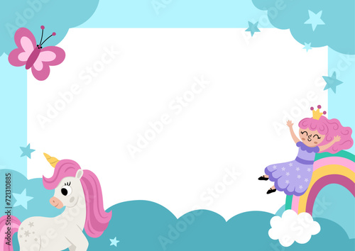 Unicorn party greeting card template with cute rainbow, falling star, fairy princess, night landscape. Fairytale poster or invitation for kids. Bright magic or fantasy holiday vertical illustration.