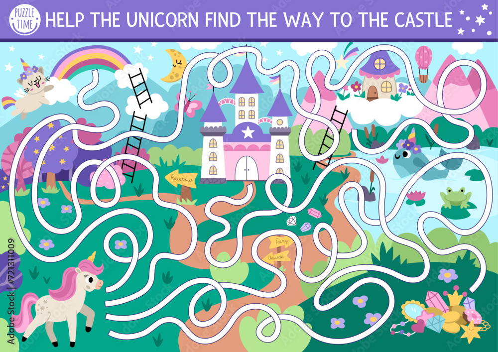 Obraz premium Unicorn maze for kids with fantasy country landscape, castle, fairy. Magic world preschool printable activity with treasures, rainbow, forest, path. Fairytale labyrinth game or puzzle.