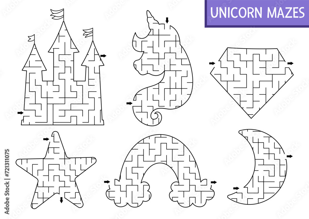 Obraz premium Unicorn geometrical maze set for kids. Fairytale preschool printable activity shaped as horse head, castle, star, rainbow, crystal, moon. Magic or fantasy labyrinth game puzzle collection.