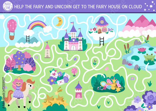 Fototapeta Naklejka Na Ścianę i Meble -  Unicorn maze for kids with fantasy country map, castle, fairy house. Magic world preschool printable activity with mountains, pond, rainbow, forest, path. Fairytale labyrinth game or puzzle.
