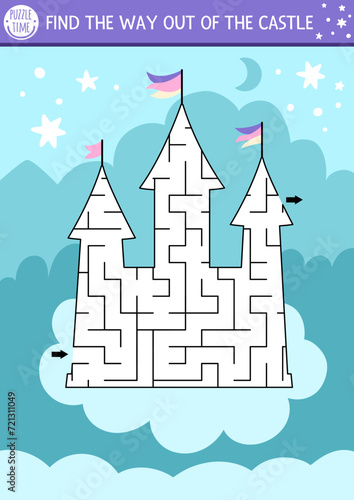 Fairytale geometrical maze for kids. Preschool printable activity shaped as unicorn castle on cloud and night sky background with stars and moon. Magic or fantasy labyrinth game puzzle.