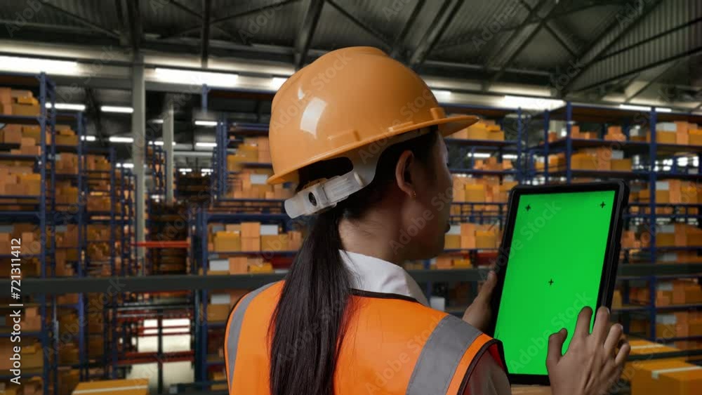 Close Up Back View Of Asian Female Engineer With Safety Helmet Standing In The Warehouse With Shelves Full Of Delivery Goods. Using Green Screen Tablet And Looking Around The Storage
Close Up Back View Of Asian Female Engineer With Safety Helmet Standing In The Warehouse With Shelves Full Of Delivery Goods. Using Green Screen Tablet And Looking Around The Storage