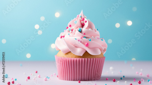Cupcake with pink cream and sprinkles on a blue background