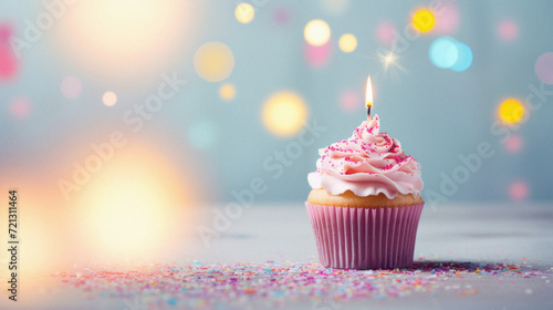 Birthday cupcake with candle on bokeh lights background .