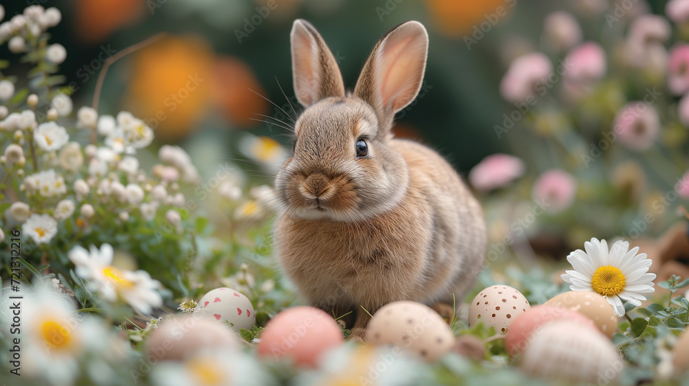 Obraz premium Easter bunny surrounded by decorated traditional Easter eggs. 