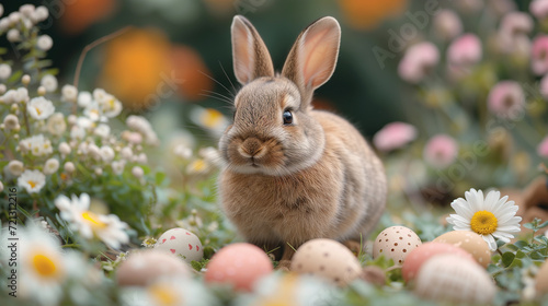 Easter bunny surrounded by decorated traditional Easter eggs. 