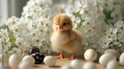 Easter chick surrounded by decorated traditional Easter eggs. 
