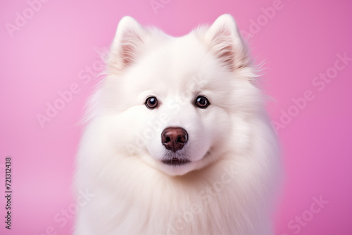Fluffy White Samoyed Dog on Pink Background