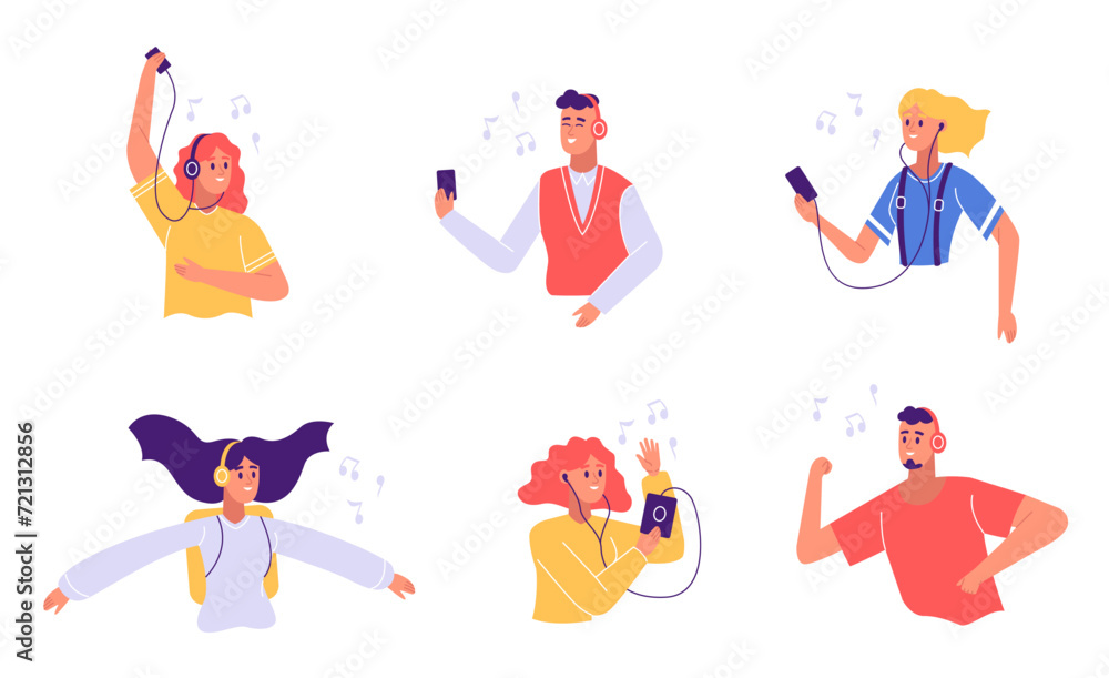 Happy human character enjoying audio music Happy human character enjoying audio music