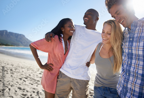 Double date, sea or happy couples on holiday vacation together in summer at beach. Smile, diversity or men laughing with women, care or love to relax by sand, nature or ocean for hug, joy or travel