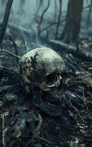  crânio na floresta devastada com árvores queimadas secas, tocos com fumaça
