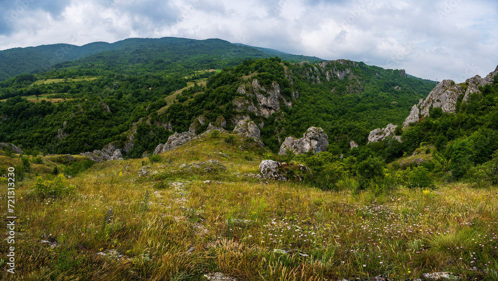 Jelasnicka Klisura and the view from the Prozorac lookout point on the huge rocks and meadows that spread across the mountain (Jelasnica Klisura, Suva planina).