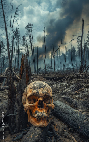 
crânio na floresta devastada com árvores queimadas secas, tocos com fumaça photo