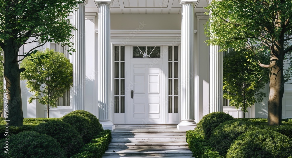 Georgian Style Home Entrance. Classic White Front Door with Porch and Columns