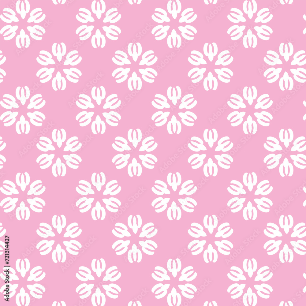 Simple white floral pattern on pink background. Seamless wallpaper texture. Vector illustration for design