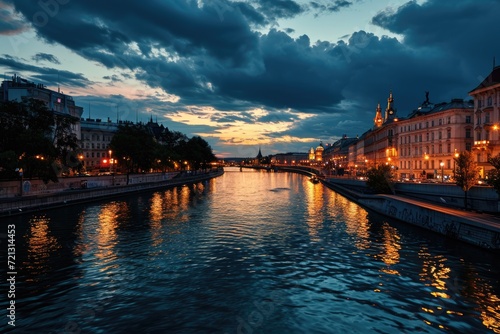 Vienna Night Skyline: Capturing the Danube Canal and City Lights of Austria's Heritage photo