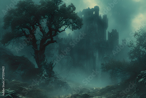 A mystical woodland with ancient trees and a fog-covered castle. Created with generative AI. © Hustle Organisation