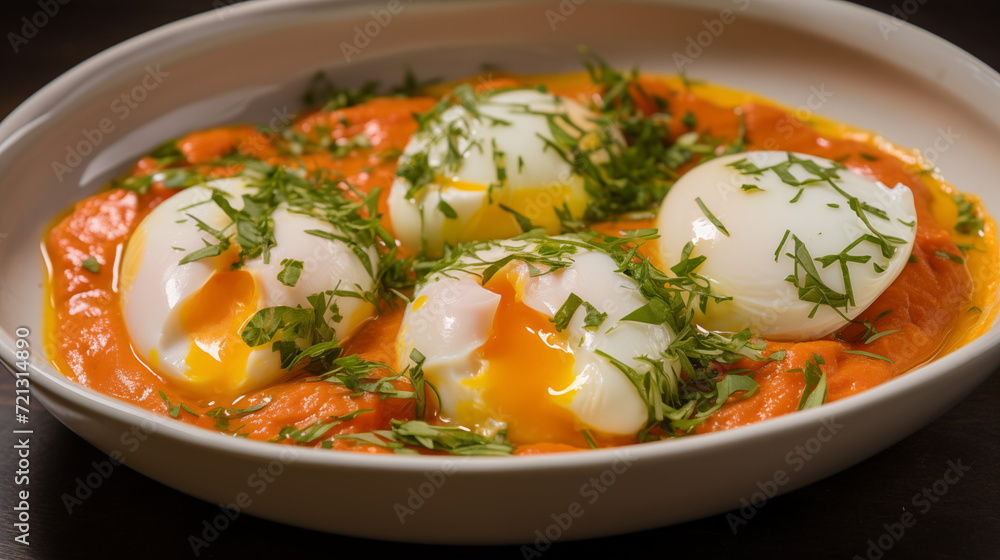 Eggs poached in a spicy tomato and bell pepper sauce, garnished with fresh herbs.