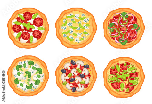 Italian pizzas, margherita with mozzarella cheese and tomatoes slices, pepperoni with basil vector set