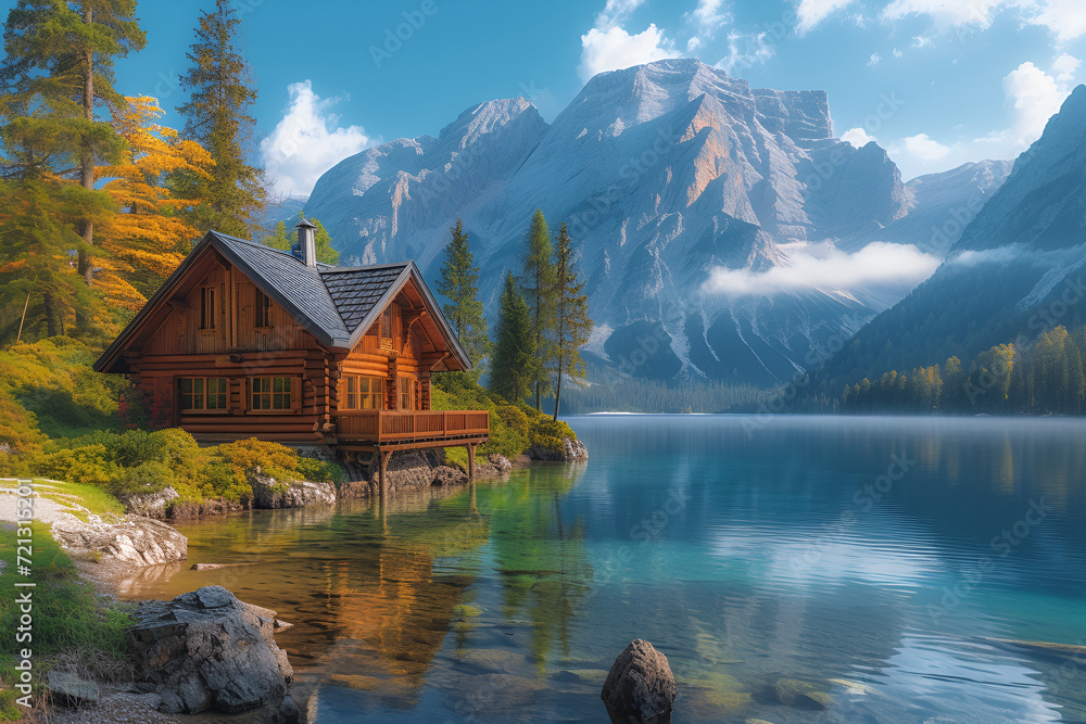 Fototapeta premium A tranquil wooden cabin by the lake, surrounded by majestic mountains. Created with generative AI.