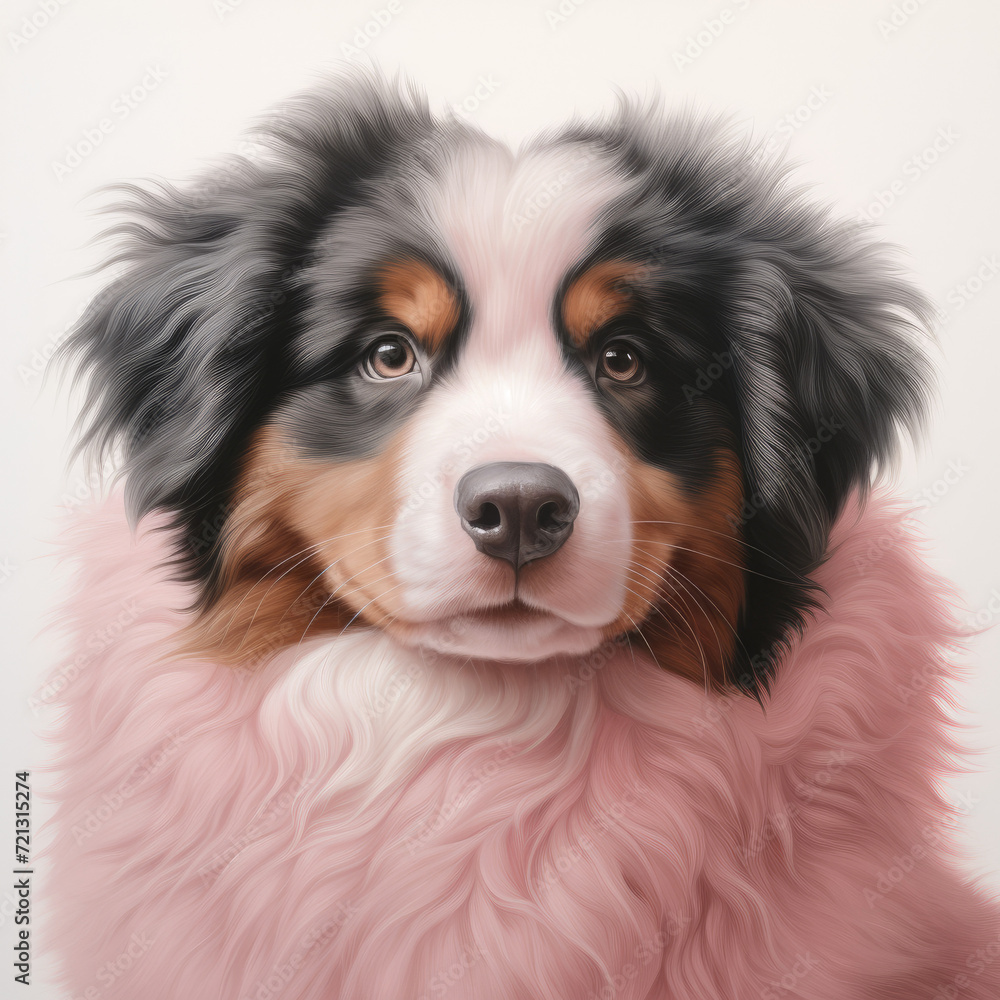 Valentine Bernese Mountain dog, pink fur, white background.
