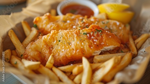 Close up of fish and chips with french fries. Fast food concept.