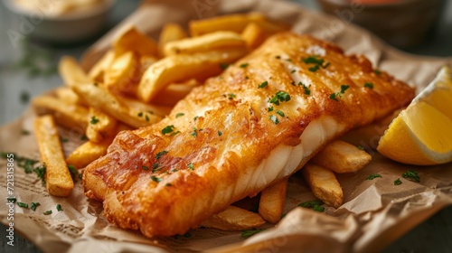 Close up of fish and chips with french fries. Fast food concept.