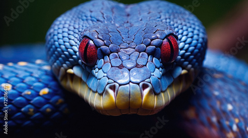 Close-up of the head of a snake with red eyes .