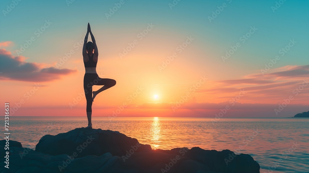 Silhouette of a woman practicing yoga on the beach at sunset
