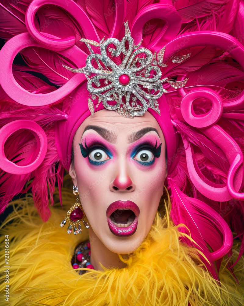 Drag Queen with Amazed Expression.
Drag queen with striking makeup and headdress in a moment of amazement.