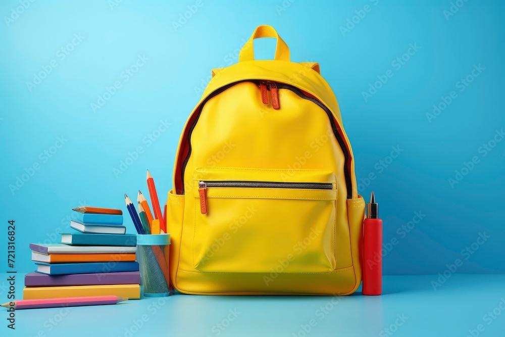 Backpack with various colorful stationery on blue background Backpack with various colorful stationery on blue background