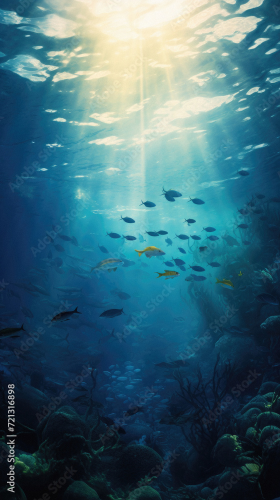 Tropical underwater scene with fish and sun rays. Underwater world .