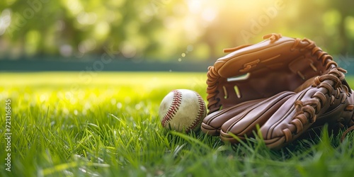 Baseball glove and ball on green grass with sunlight in the morning photo