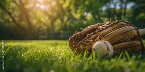 Baseball glove and ball on green grass with sunlight in the morning