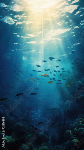 Tropical underwater scene with fish and sun rays. Underwater world .