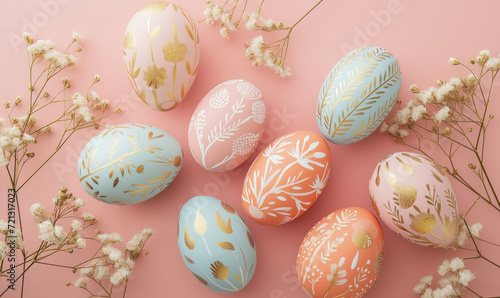 top view, easter eggs with golden accents and flowers on pink photo