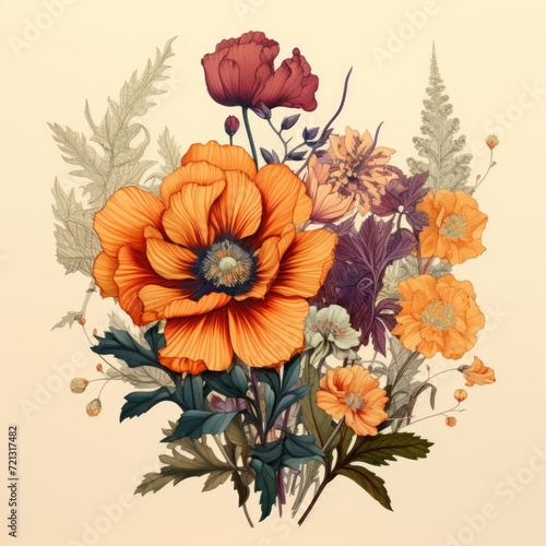 Colorful botanical hand drawn flower illustration