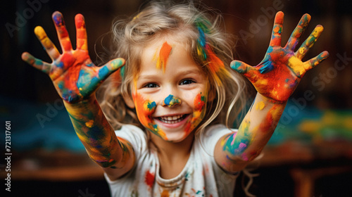 Portrait of a cute little girl with hands painted in bright colors