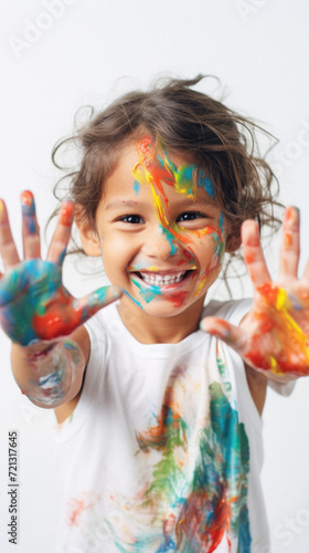 Happy little girl with hands painted in bright colors on a white background