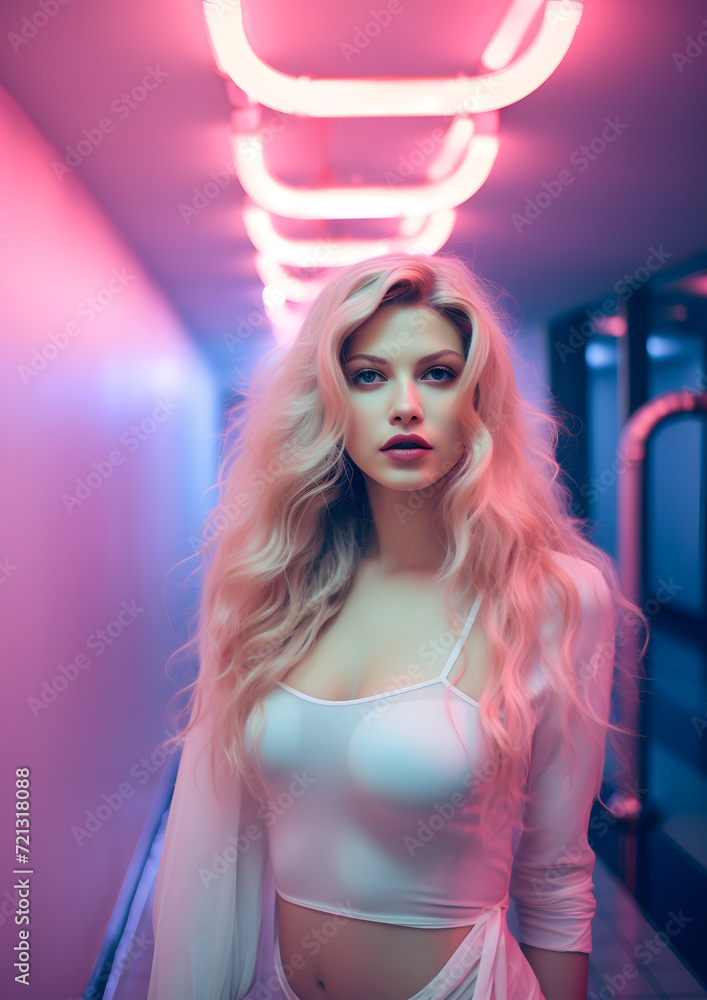 girl on a neon pipe in a hallway girl on a neon pipe in a hallway