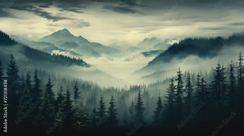 Obraz premium Foggy landscape with mountains and coniferous forest in the foreground