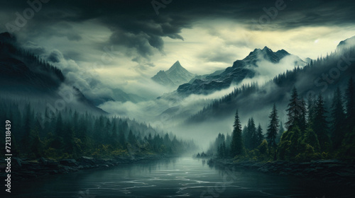 Fantasy landscape with mountain river and forest in the fog .