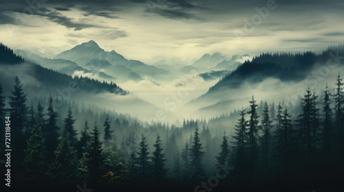Foggy landscape with mountains and coniferous forest in the foreground