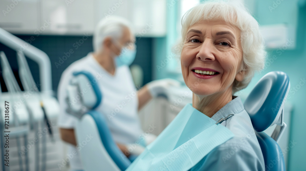 Smiling mature woman in dental chair at dentist appointment. Smiling mature woman in dental chair at dentist appointment.