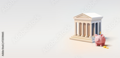 Bank Building 3d realistic render illustration with piggy bank savings, deposit or credit account banner