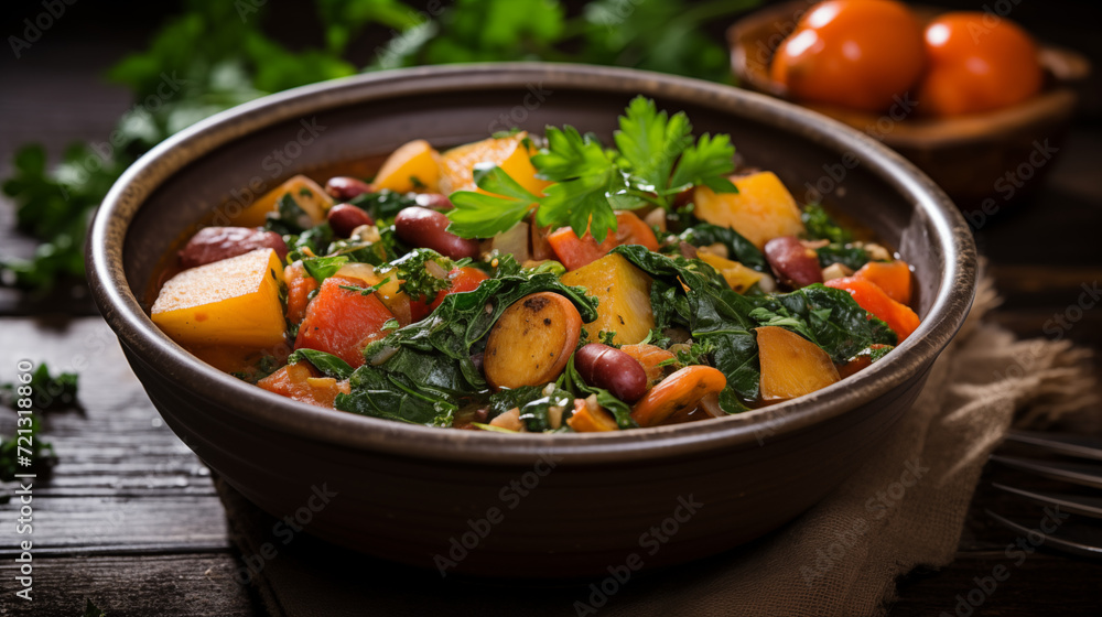 Bowl of hearty vegetable stew with beans and herbs Bowl of hearty vegetable stew with beans and herbs