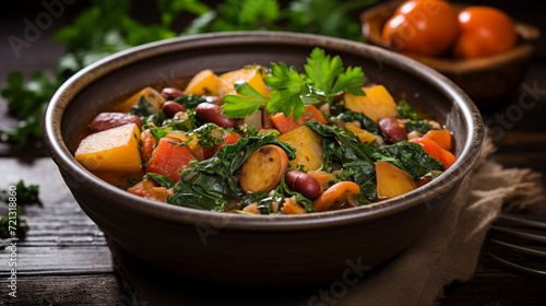 Bowl of hearty vegetable stew with beans and herbs