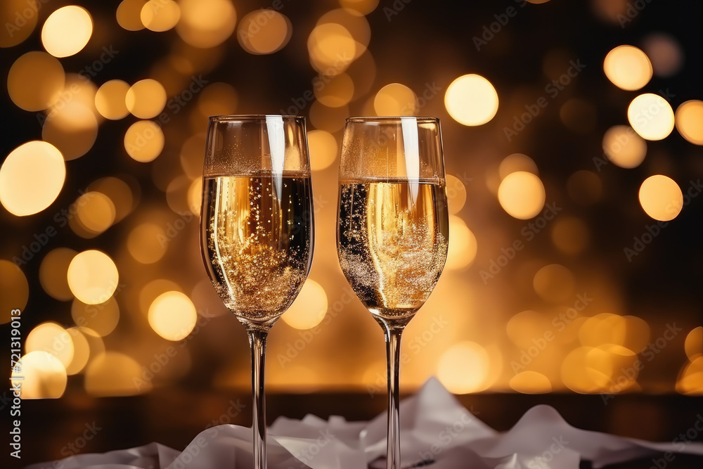Glasses of champagne on bokeh background. New Year celebration Glasses of champagne on bokeh background. New Year celebration