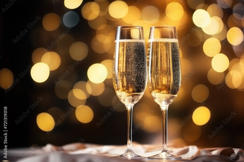 Glasses of champagne on bokeh background. New Year celebration Glasses of champagne on bokeh background. New Year celebration