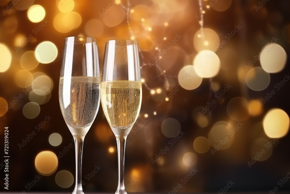 Glasses of champagne on bokeh background. New Year celebration Glasses of champagne on bokeh background. New Year celebration